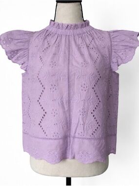 Jennifer & Grace Cottagecore Top Lavender Eyelet Embroidered Blouse Flutter  NWT
